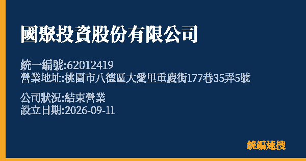 國聚投資股份有限公司的照片-統編 62012419(桃園市) 公司登記資料與營業項目詳細圖表