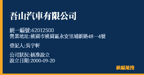 吾山汽車有限公司的照片-統編 62012500 公司登記資料與營業項目詳細圖表