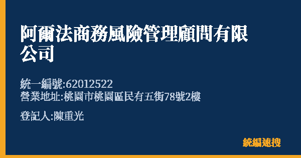 阿爾法商務風險管理顧問有限公司的照片-統編 62012522(桃園市) 公司登記資料與營業項目詳細圖表