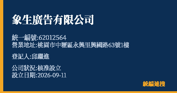 象生廣告有限公司的照片-統編 62012564(桃園市) 公司登記資料與營業項目詳細圖表