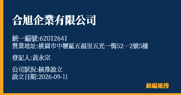 合旭企業有限公司的照片-統編 62012641(桃園市) 公司登記資料與營業項目詳細圖表
