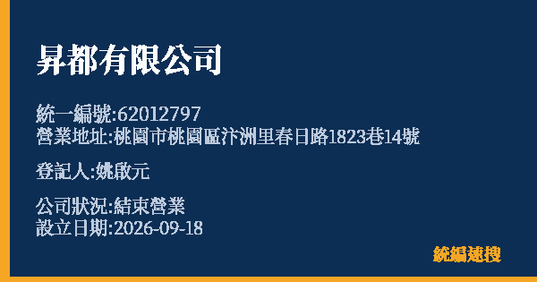 昇都有限公司的照片-統編 62012797(桃園市) 公司登記資料與營業項目詳細圖表