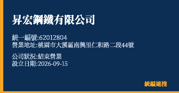 昇宏鋼鐵有限公司的照片-統編 62012804(桃園市) 公司登記資料與營業項目詳細圖表