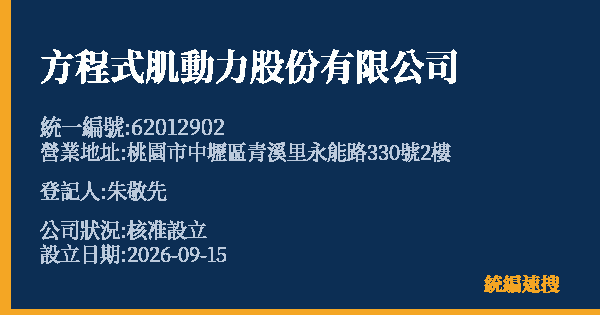 方程式肌動力股份有限公司的照片-統編 62012902(桃園市) 公司登記資料與營業項目詳細圖表