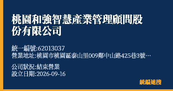 桃園和強智慧產業管理顧問股份有限公司的照片-統編 62013037(桃園市) 公司登記資料與營業項目詳細圖表
