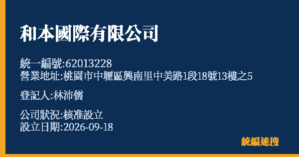 和本國際有限公司的照片-統編 62013228(桃園市) 公司登記資料與營業項目詳細圖表