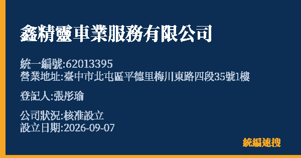 鑫精靈車業服務有限公司的照片-統編 62013395(臺中市) 公司登記資料與營業項目詳細圖表