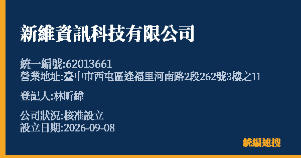 新維資訊科技有限公司的照片-統編 62013661(臺中市) 公司登記資料與營業項目詳細圖表