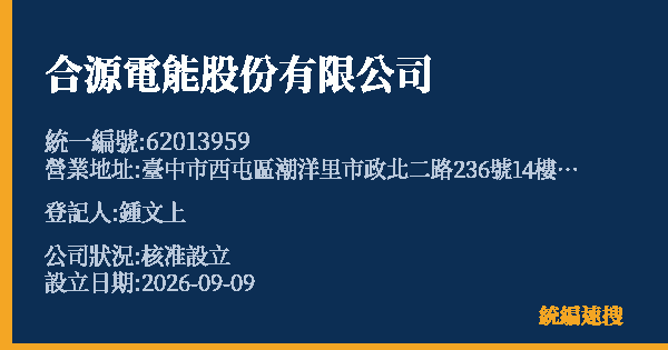 合源電能股份有限公司的照片-統編 62013959(臺中市) 公司登記資料與營業項目詳細圖表