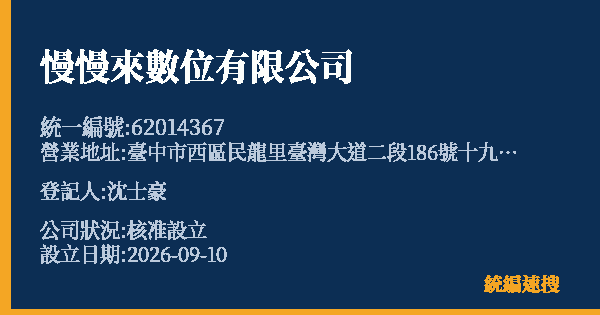 慢慢來數位有限公司的照片-統編 62014367(臺中市) 公司登記資料與營業項目詳細圖表