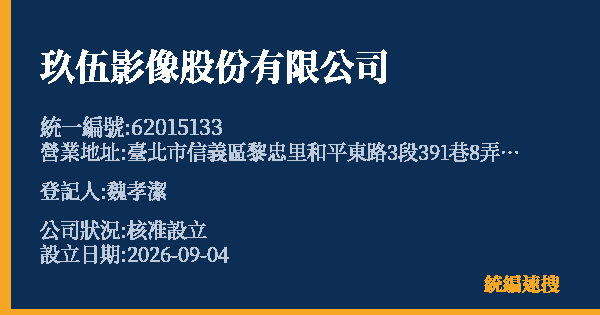 玖伍影像股份有限公司的照片-統編 62015133(臺北市) 公司登記資料與營業項目詳細圖表