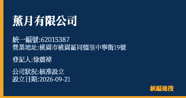 薰月有限公司的照片-統編 62015387(桃園市) 公司登記資料與營業項目詳細圖表
