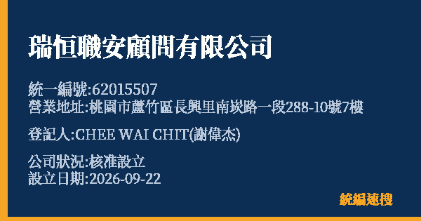 瑞恒職安顧問有限公司的照片-統編 62015507(桃園市) 公司登記資料與營業項目詳細圖表