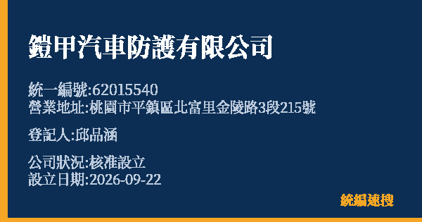 鎧甲汽車防護有限公司的照片-統編 62015540(桃園市) 公司登記資料與營業項目詳細圖表