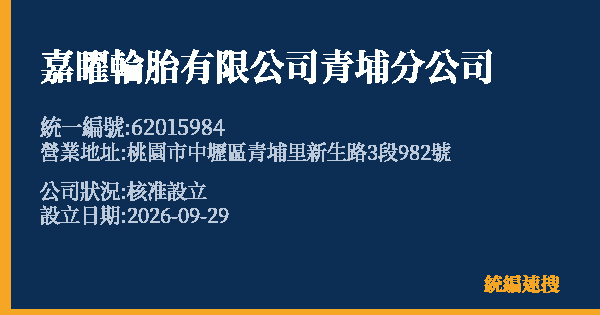 嘉矅輪胎有限公司青埔分公司的照片-統編 62015984(桃園市) 公司登記資料與營業項目詳細圖表