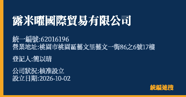 露米曜國際貿易有限公司的照片-統編 62016196(桃園市) 公司登記資料與營業項目詳細圖表