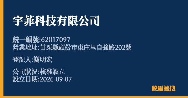 宇菲科技有限公司的照片-統編 62017097(苗栗縣) 公司登記資料與營業項目詳細圖表