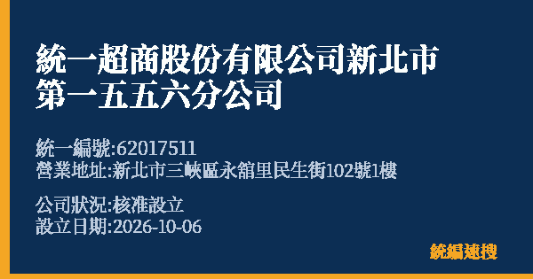 統一超商股份有限公司新北市第一五五六分公司的照片-統編 62017511(新北市) 公司登記資料與營業項目詳細圖表