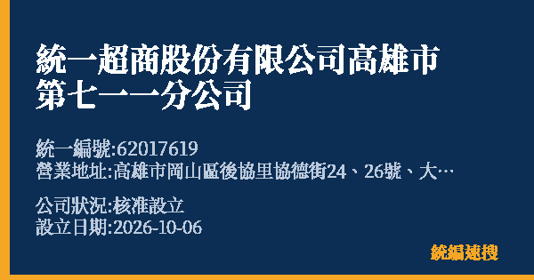 統一超商股份有限公司高雄市第七一一分公司的照片-統編 62017619(高雄市) 公司登記資料與營業項目詳細圖表