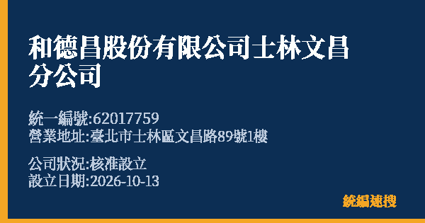 和德昌股份有限公司士林文昌分公司的照片-統編 62017759(臺北市) 公司登記資料與營業項目詳細圖表