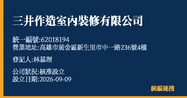 三井作造室內裝修有限公司的照片-統編 62018194(高雄市) 公司登記資料與營業項目詳細圖表