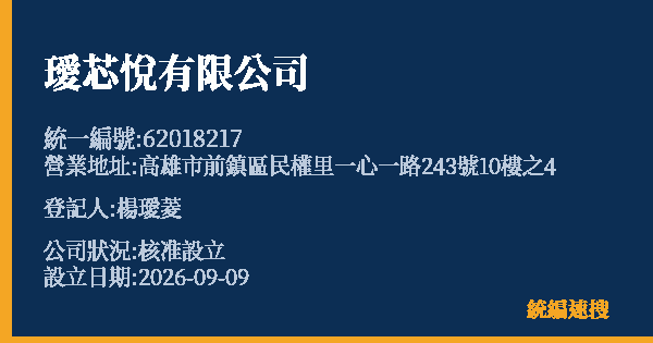 璦芯悅有限公司的照片-統編 62018217(高雄市) 公司登記資料與營業項目詳細圖表