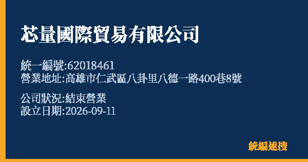 芯量國際貿易有限公司的照片-統編 62018461(高雄市) 公司登記資料與營業項目詳細圖表