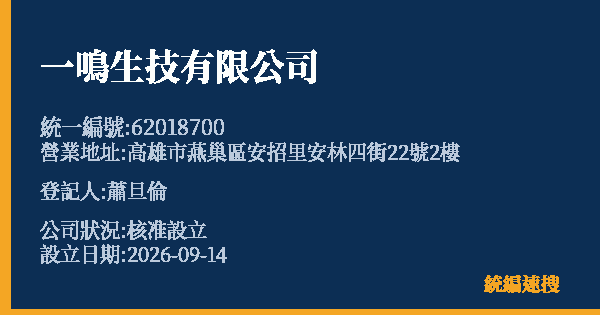 一鳴生技有限公司的照片-統編 62018700(高雄市) 公司登記資料與營業項目詳細圖表