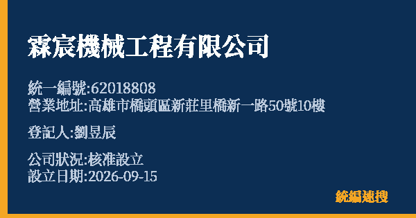 霖宸機械工程有限公司的照片-統編 62018808(高雄市) 公司登記資料與營業項目詳細圖表