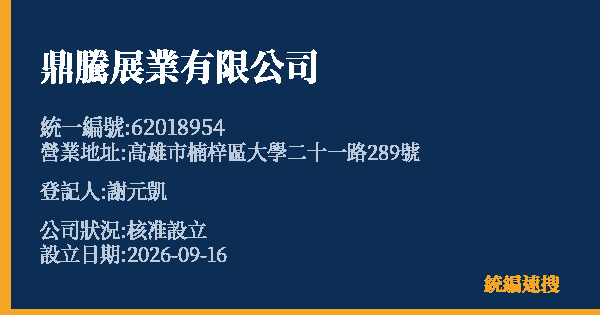鼎騰展業有限公司的照片-統編 62018954(高雄市) 公司登記資料與營業項目詳細圖表