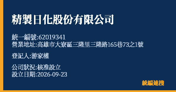 精製日化股份有限公司的照片-統編 62019341(高雄市) 公司登記資料與營業項目詳細圖表
