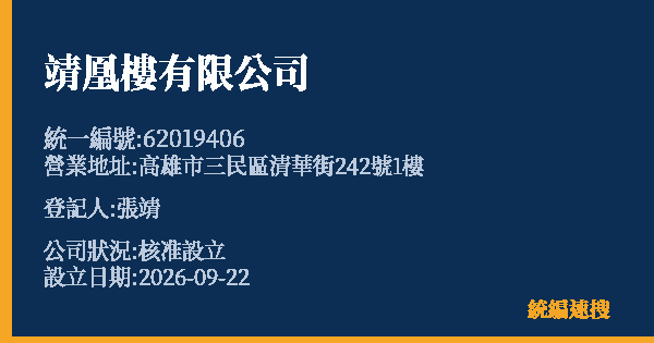 靖凰樓有限公司的照片-統編 62019406(高雄市) 公司登記資料與營業項目詳細圖表