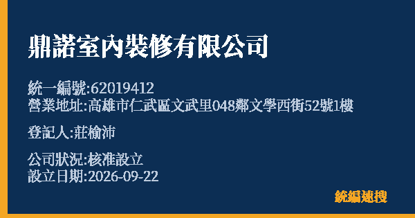 鼎諾室內裝修有限公司的照片-統編 62019412(高雄市) 公司登記資料與營業項目詳細圖表