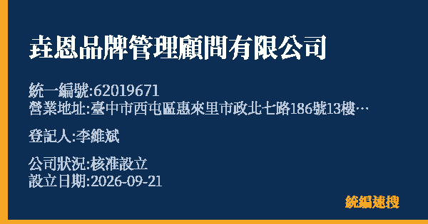 垚恩品牌管理顧問有限公司的照片-統編 62019671(臺中市) 公司登記資料與營業項目詳細圖表
