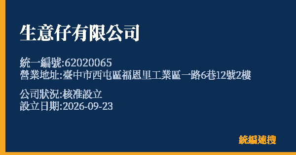 生意仔有限公司的照片-統編 62020065(臺中市) 公司登記資料與營業項目詳細圖表