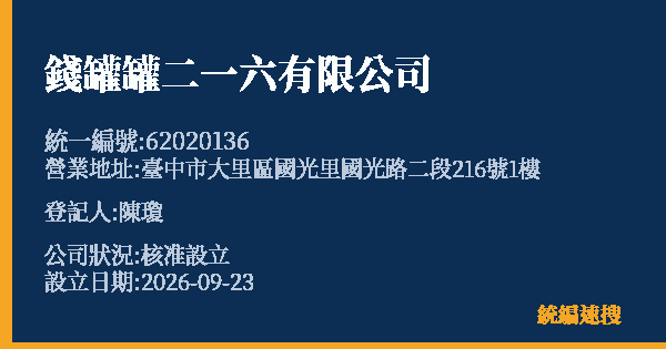 錢罐罐二一六有限公司的照片-統編 62020136(臺中市) 公司登記資料與營業項目詳細圖表