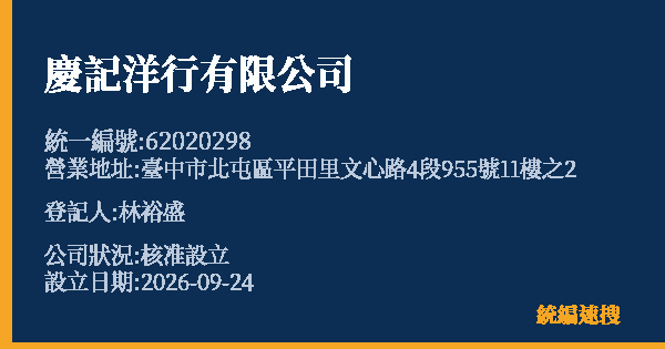 慶記洋行有限公司的照片-統編 62020298(臺中市) 公司登記資料與營業項目詳細圖表