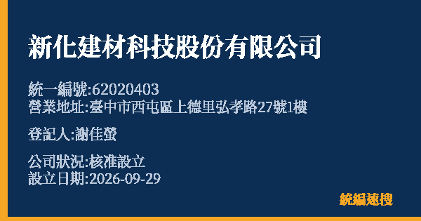 新化建材科技股份有限公司的照片-統編 62020403(臺中市) 公司登記資料與營業項目詳細圖表