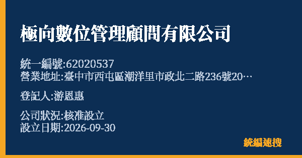 極向數位管理顧問有限公司的照片-統編 62020537(臺中市) 公司登記資料與營業項目詳細圖表