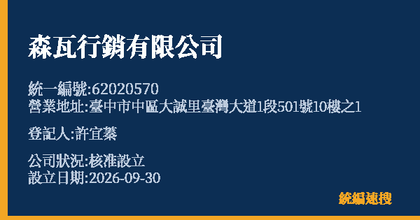 森瓦行銷有限公司的照片-統編 62020570(臺中市) 公司登記資料與營業項目詳細圖表