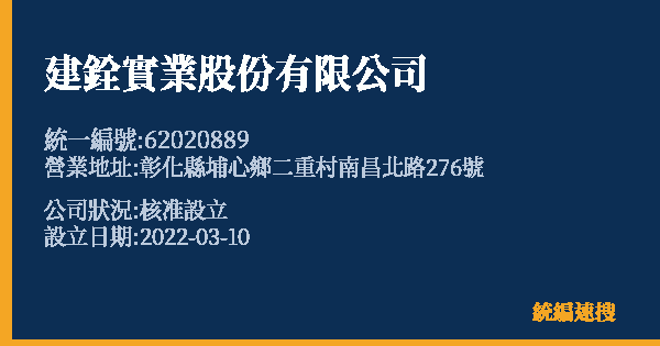 建銓實業股份有限公司的照片-統編 62020889 公司登記資料與營業項目詳細圖表