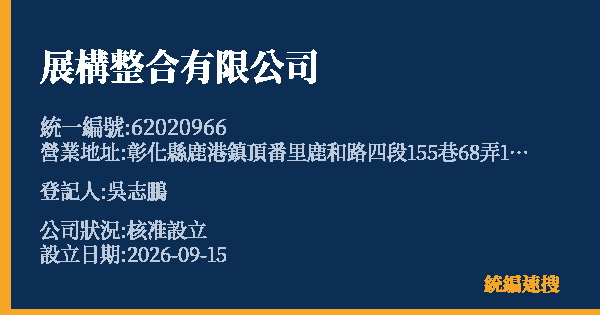 展構整合有限公司的照片-統編 62020966(彰化縣) 公司登記資料與營業項目詳細圖表