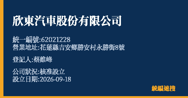 欣東汽車股份有限公司的照片-統編 62021228(花蓮縣) 公司登記資料與營業項目詳細圖表