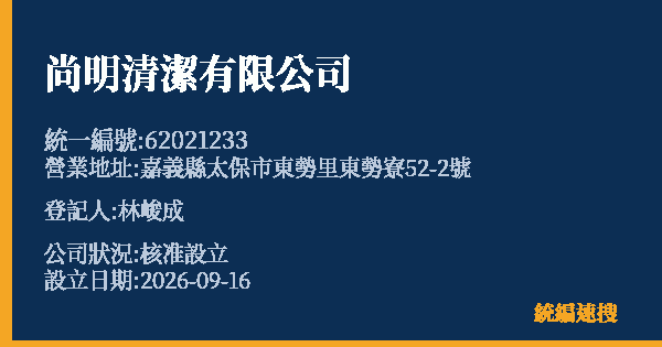 尚明清潔有限公司的照片-統編 62021233(嘉義縣) 公司登記資料與營業項目詳細圖表