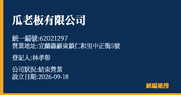 瓜老板有限公司的照片-統編 62021297(宜蘭縣) 公司登記資料與營業項目詳細圖表