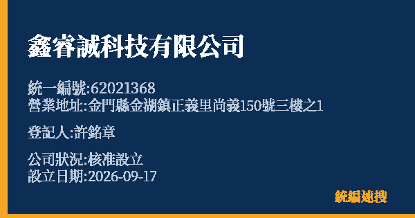 鑫睿誠科技有限公司的照片-統編 62021368(金門縣) 公司登記資料與營業項目詳細圖表