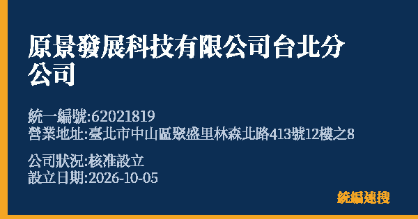 原景發展科技有限公司台北分公司的照片-統編 62021819(臺北市) 公司登記資料與營業項目詳細圖表