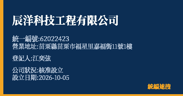 辰洋科技工程有限公司的照片-統編 62022423(苗栗縣) 公司登記資料與營業項目詳細圖表