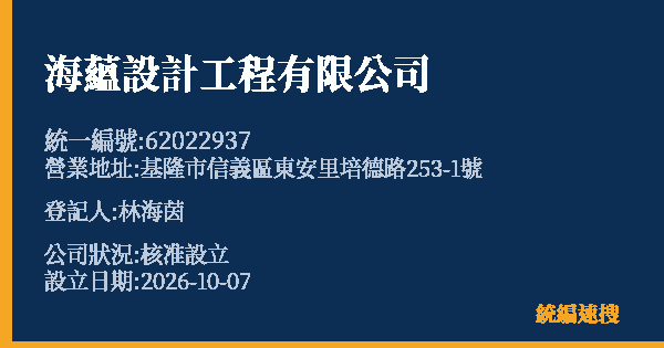 海蘊設計工程有限公司的照片-統編 62022937(基隆市) 公司登記資料與營業項目詳細圖表
