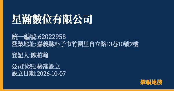星瀚數位有限公司的照片-統編 62022958(嘉義縣) 公司登記資料與營業項目詳細圖表